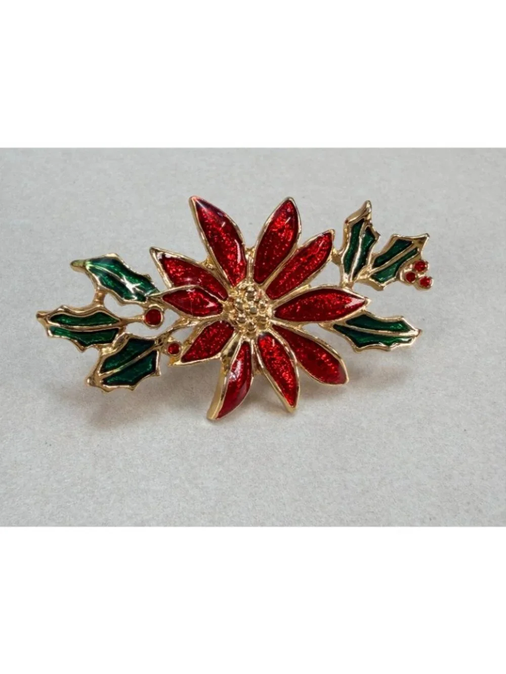 Vintage Christmas Poinsettia Brooch Red Green Enamel Gold Tone Holiday Pin